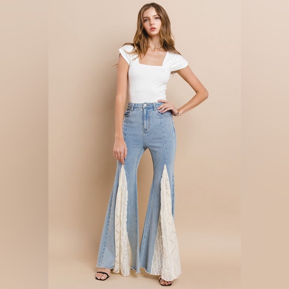 ✨ Boho Lace Flare Denim Pants | Western Festival Cowgirl Jeans – 34” Inseam - Picture 6 of 9